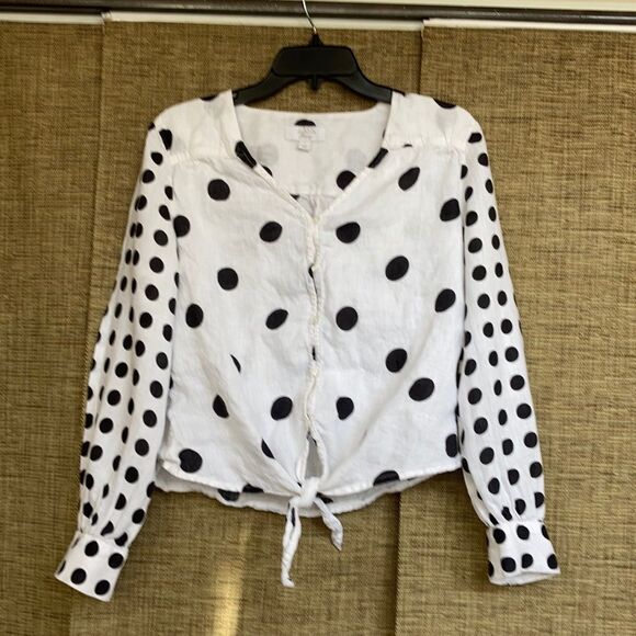 Charter Club linen polka dot black and white blouse - Picture 1 of 5